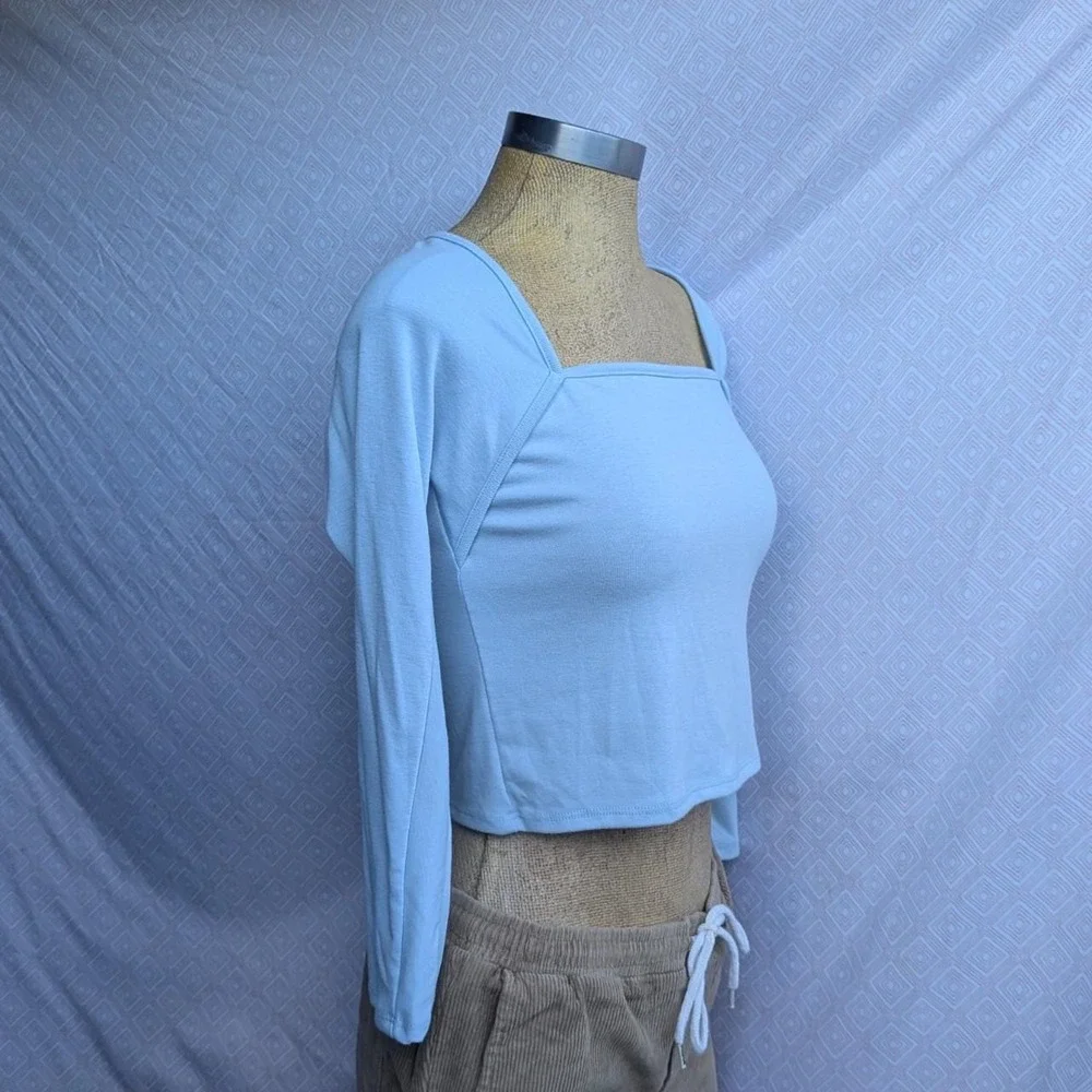 RSQ Crop Top Women XL Blue Excellent Square Neck Long Sleeve Ribbed
